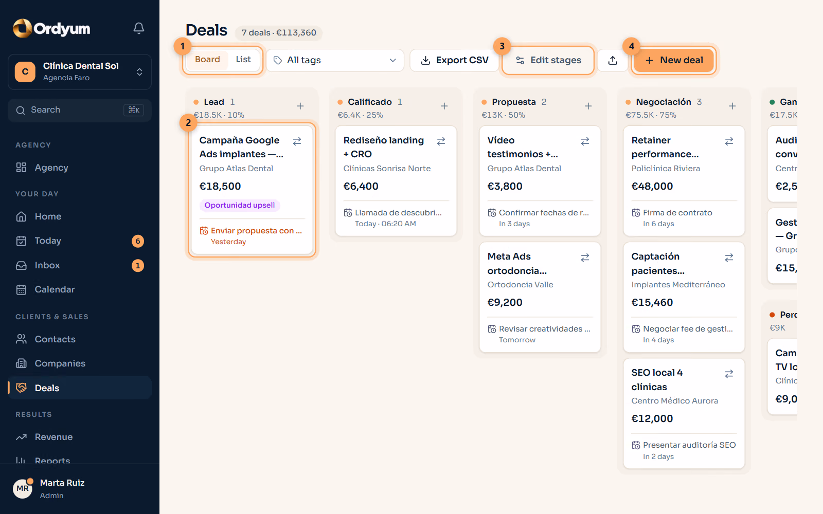 Ordyum screen: Deals and the pipeline