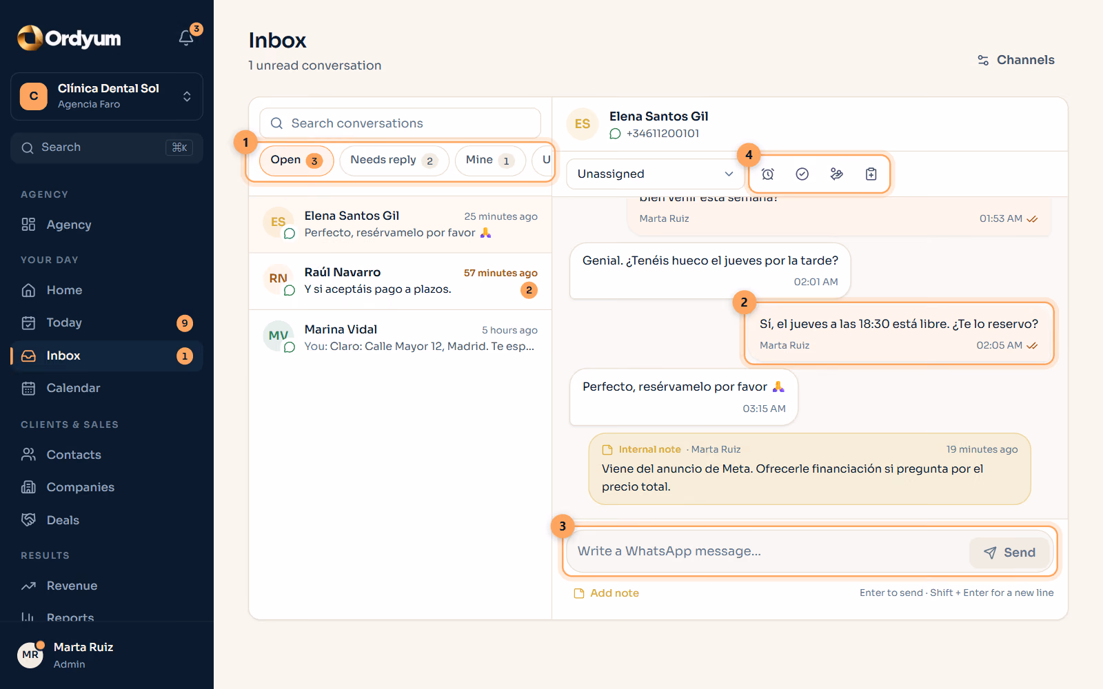 Ordyum screen: Inbox: email and WhatsApp