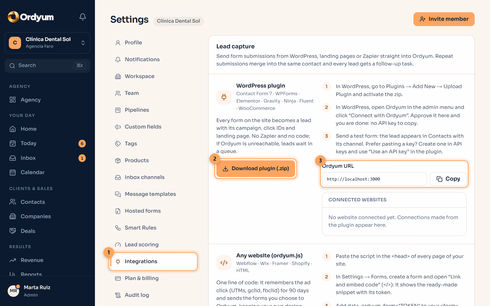 Ordyum screen: Connect where your leads come from