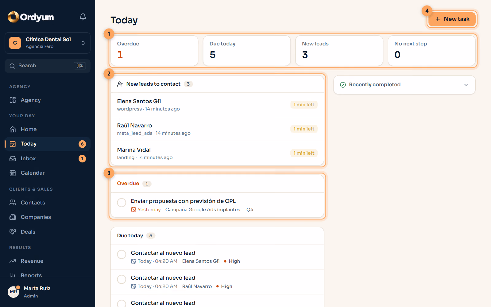 Ordyum screen: Today: what you have to do