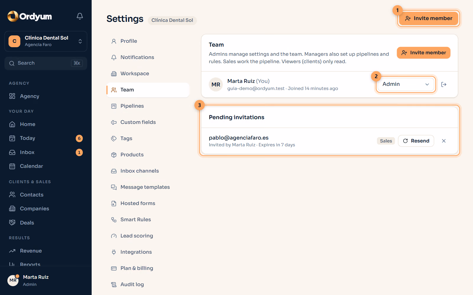 Ordyum screen: Your team